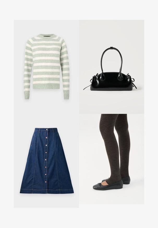 Pull rayé en vert doux et blanc. Tissu tricoté avec un col rond et des poignets côtelés. Coupe décontractée. Rayures horizontales régulièrement espacées.; Jupe A-line en denim bleu foncé avec une fermeture à boutons à l'avant, dotée de poches, de coutures contrastantes et d'une longueur jusqu'au mollet.; Jambes portant des leggings côtelés foncés associés à des ballerines noires avec de petits détails en nœud sur fond blanc.; Petit sac à main noir brillant avec deux longues anses et des détails à cordon sur les côtés sur un fond clair uni.