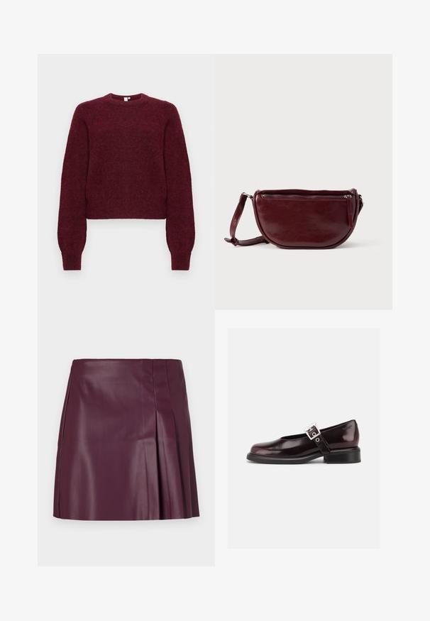 Pull en mélange de laine bourgogne, à col rond, avec des manches longues et des poignets et ourlet côtelés.; ONLY ONLARTZY Short - Minijupe - mauve wine; Chaussure Mary Jane unique brillante couleur bordeaux foncé avec une large bride et une boucle argentée, talon bloc bas et bout arrondi sur fond blanc.; Sac à main en cuir marron foncé avec une forme en demi-lune, une fermeture éclair et une bandoulière amovible. Texture lisse avec un léger éclat.