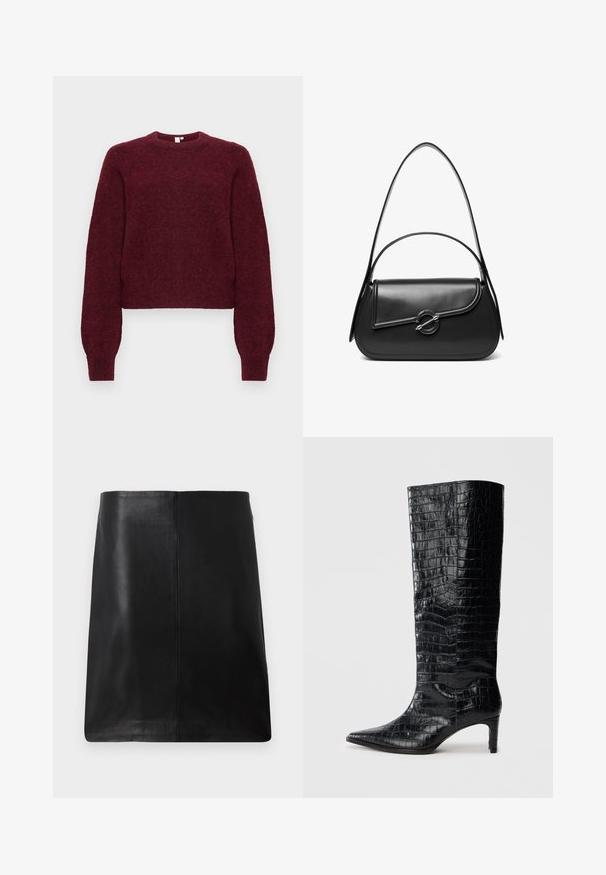 Pull en mélange de laine bourgogne, à col rond, avec des manches longues et des poignets et ourlet côtelés.; Mini-jupe en cuir noir à coupe droite, texture lisse, et détail de couture minimal. Pas de métal visible ni d'ornements.; Bottes noires montantes, avec une texture brillante à motif crocodile, bout pointu et talon effilé. Matériau synthétique lisse.; Sac à bandoulière en cuir noir avec un rabat incurvé fermé par un fermoir métallique rond et une sangle fine et ajustable.