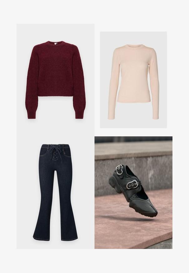 Bordeaux wolmengsel trui met ronde hals, lange mouwen en geribbelde boorden en onderrand.; Lichtroze, nauwsluitend shirt met lange mouwen en ronde hals, met een effen ontwerp op een neutrale achtergrond.; Donkerblauwe flare jeans met een veterluiting aan de voorkant en voorzakken, plat liggend afgebeeld tegen een effen achtergrond.; Zwarte schoen met gespleten teen, twee zilveren gespen, dikke zool en geperforeerde details, zwevend boven een stenen oppervlak.