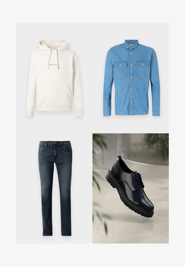 Beige hoodie lavet af bomuld, med en kængurulomme, snoretræk i hætten og broderet "Originals" tekst på brystet.; Lysblå denimskjorte med lange ærmer, knaplukning foran, to brystlommer, spids krave og gyldne knapper. Glat tekstur, afslappet design.; Mørkeblå denim jeans med lige ben, fem-lomme design, lynlås foran og subtilt slid. Tekstureret stof med stikninger.; Sorte lædersko med en blank overflade, rund tå, snøredesign, kontrastsyninger og en tyk gummisål med mønster.