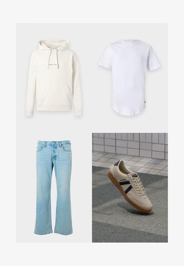 Beige hoodie gemaakt van katoen, met een kangoeroezak, een capuchon met trekkoord en geborduurde "Originals" tekst op de borst.; Witte katoenen t-shirt met korte mouwen. Rond de hals ontwerp met een gebogen zoom. Label zichtbaar aan de onderste linkerzijde. Gladde textuur.; Lichtblauwe denim spijkerbroek met een uitlopende pijpdesign, voorzien van een hoge taille, vijf zakken en een knoopsluiting. Gladde textuur, vervaagd uiterlijk.; Beige sneaker met een textuurafwerking, marineblauwe strepen en een rubberen zool. Heeft een gevoerde tong en een traditioneel vetersysteem voor een veilige pasvorm.