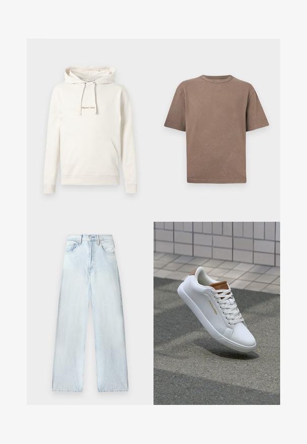 Beige hoodie gemaakt van katoen, met een kangoeroezak, een capuchon met trekkoord en geborduurde "Originals" tekst op de borst.; Effen bruin, kortärmelig katoenen T-shirt met ronde hals en losse pasvorm, gepresenteerd tegen een lichtgrijze achtergrond.; Lichtblauwe spijkerbroek met een losse pasvorm, hoge taille, vijf-pocketontwerp en rechte pijpen. Vervaagde textuur met zichtbare stikdetails.; Witte leren sneakers met een gladde textuur, tan accent op de hiel, gouden logo aan de zijkant en een rubberen zool met een gestructureerde grip.