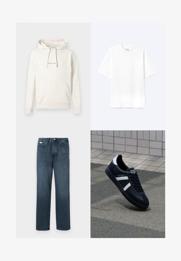 Sudadera beige de algodón, con un bolsillo canguro, capucha con cordones y texto bordado "Originals" en el pecho.; Camiseta lisa blanca de manga corta y cuello redondo con un corte relajado, mostrada sobre un fondo claro.; Vaqueros de mezclilla azul oscuro con corte recto, cinco bolsillos, trabillas para cinturón y cierre de cremallera. Textura suave con sutiles detalles de desgaste.; Zapatilla de cuero negra con rayas blancas, suela de goma texturizada y parte frontal con cordones. Cuenta con una etiqueta de marca en la lengüeta.