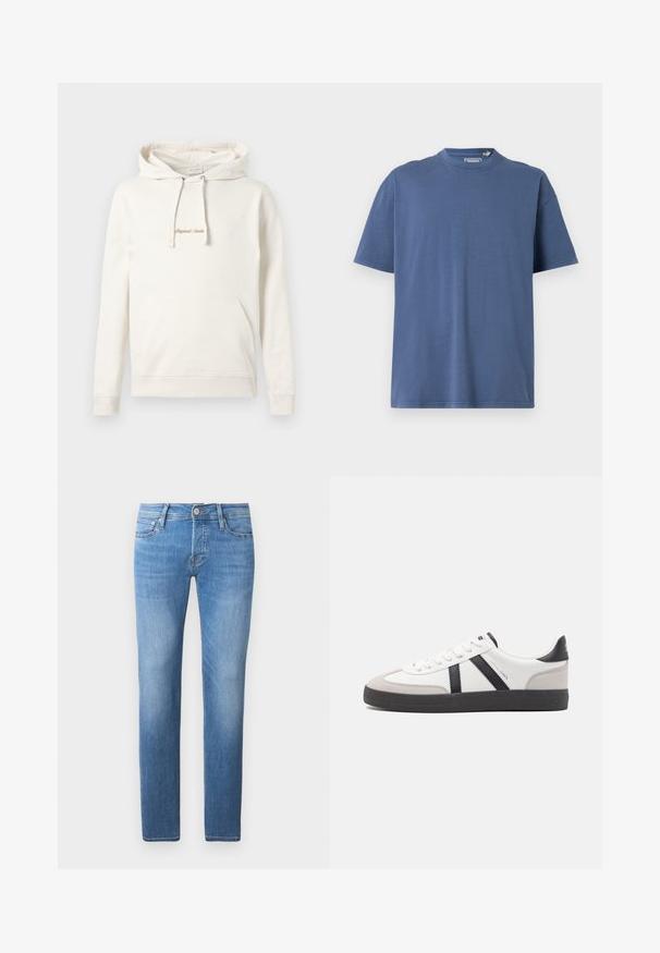 Hoodie beige en coton, avec une poche kangourou, un capuchon à cordon de serrage et un texte brodé "Originals" sur la poitrine.; T-shirt bleu à manches courtes en coton doux, avec un col rond et une coupe décontractée, dotée de détails de couture minimaux.; Jeans en denim bleu clair avec une coupe droite, dotés d'une fermeture à bouton et à glissière, de cinq poches et d'un léger délavage.; Baskets blanches avec des accents noirs et gris, présentant un embout texturé gris, une semelle en caoutchouc noir et des lacets plats blancs. Design épuré, style minimaliste.
