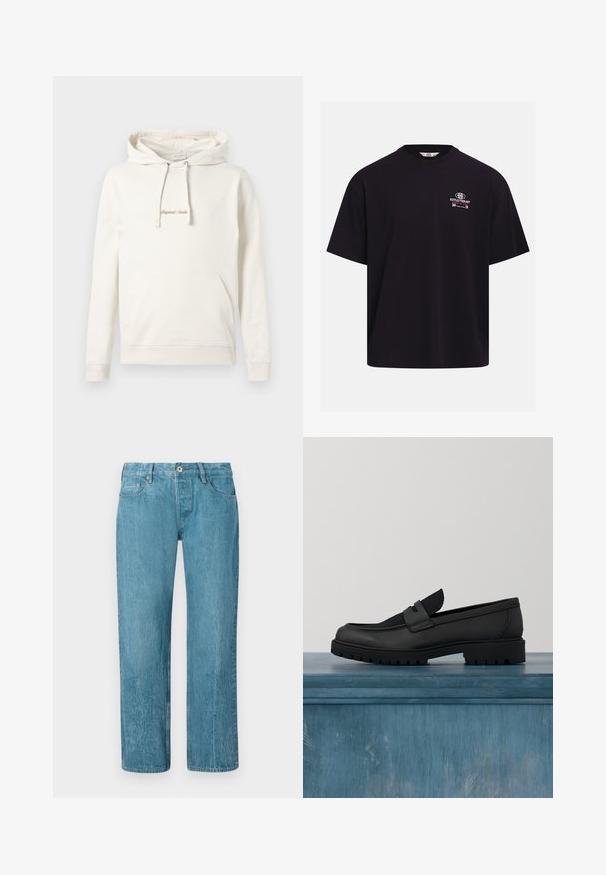 Beige hoodie lavet af bomuld, med en kængurulomme, snoretræk i hætten og broderet "Originals" tekst på brystet.; Sort oversized T-shirt med rund hals og lille hvid og rød grafisk tekst på venstre bryst, der lyder "Revolutionary 2013 Pressure."; Lyseblå denimjeans med lige ben-design, der har fem lommer, bæltestropper og knaplukning. Glat tekstur med subtilt falmede områder.; Sort lædersko uden snørebånd med en tekstureret stofdetalje, en robust gummisål og en glat finish. Har diskrete syningsdetaljer.