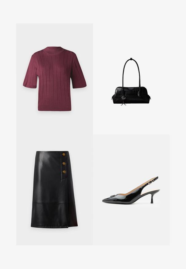 Pull bourgogne à manches courtes avec texture côtelée, col haut et silhouette ajustée. Matière en tricot doux avec des rayures horizontales.; Jupe en cuir noire longueur genou, avec une fermeture latérale à trois boutons dorés et un détail de couture près de l'ourlet.; Escarpin slingback en cuir verni noir avec bout pointu, petit talon kitten et bride à boucle argentée sur fond blanc uni.; Sac à épaule en cuir noir à texture crocodile, avec de longues sangles et un petit charm logo argenté sur une sangle.