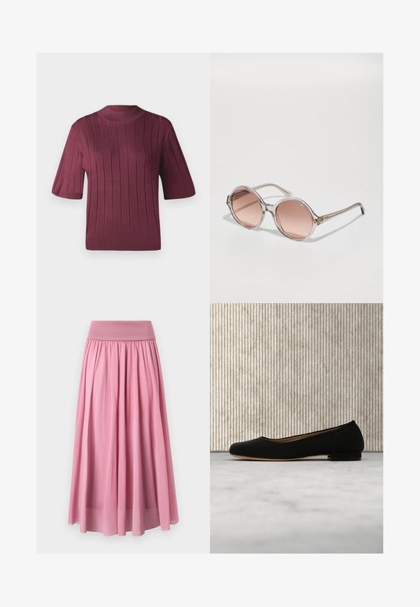 Pull bourgogne à manches courtes avec texture côtelée, col haut et silhouette ajustée. Matière en tricot doux avec des rayures horizontales.; Longue jupe rose en tissu doux avec une large ceinture élastique et un design plissé, caractérisée par une texture fluide et légère.; Chaussure plate de ballet noire lévitant au-dessus d'un tapis beige avec une table ronde marron en arrière-plan.; Lunettes de soleil circulaires avec une monture transparente, des verres dégradés roses, des branches métalliques fines, comportant un détail d'accent près de la charnière.
