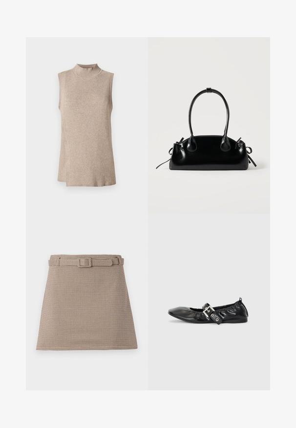 Haut sans manches beige avec un col montant côtelé, présentant un motif tricoté texturé et un ourlet asymétrique, idéal pour les superpositions.; Shorts à motif pied-de-coq marron et beige avec une taille ceinturée, des lignes épurées, une structure ajustée et une texture de tissu lisse.; Chaussure plate en cuir noir avec un nez pointu, des détails froncés autour de l'ouverture et un accent en boucle argentée sur la bride ajustable.; Petit sac à main noir brillant avec deux longues anses et des détails à cordon sur les côtés sur un fond clair uni.