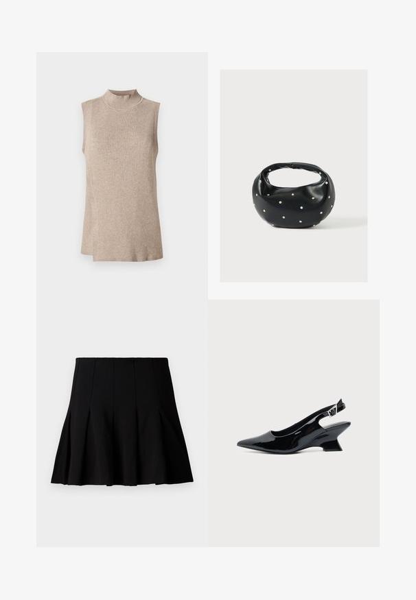 Haut sans manches beige avec un col montant côtelé, présentant un motif tricoté texturé et un ourlet asymétrique, idéal pour les superpositions.; Jupe noire courte plissée en tissu lisse. Dispose d'une taille élastique et d'une silhouette évasée qui s'étend jusqu'au milieu de la cuisse.; Chaussure slingback en cuir verni noir avec bout pointu et petit talon bloc incliné sur fond clair uni.; Sac à main en cuir noir de forme arrondie, décoré de clous argentés et équipé d'une poignée courte. Texture lisse et fermeture éclair.