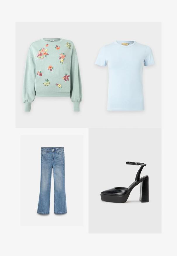 Sweatshirt vert clair avec broderies florales en rose, orange et jaune. Il présente des poignets et un ourlet côtelés, avec une coupe décontractée et des manches ballon.; T-shirt à manches courtes bleu clair en coton doux. Doté d'un col rond et d'une texture lisse sans motifs ni accents visibles.; Jean en denim bleu clair avec une taille haute, une fermeture double bouton, des poches avant et arrière, et des jambes légèrement évasées.; Escarpins noirs à plateforme avec un bout pointu et une sangle réglable à la cheville. Conçus en cuir lisse, avec un large talon bloc.