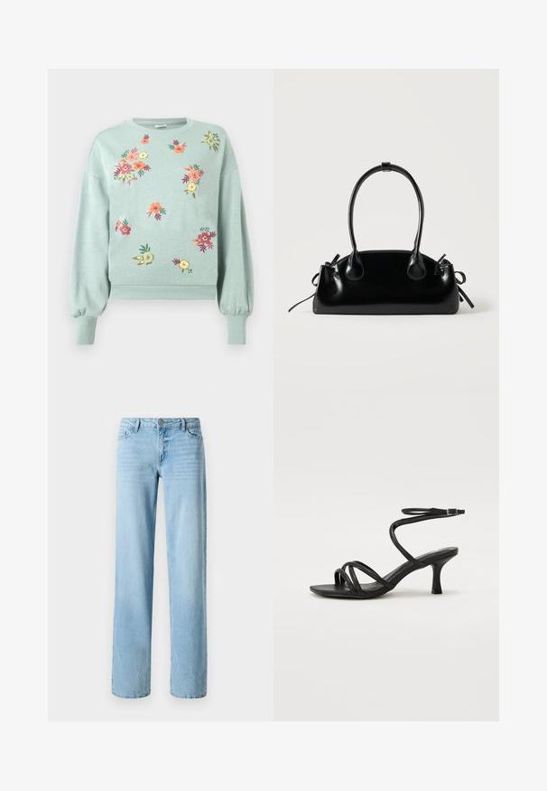 Sweatshirt vert clair avec broderies florales en rose, orange et jaune. Il présente des poignets et un ourlet côtelés, avec une coupe décontractée et des manches ballon.; Jeans en denim bleu clair, design à jambe droite, avec cinq poches et une fermeture à bouton à l'avant. Texture lisse avec un léger délavage.; Even&Odd Wide Fit by Zalando Sandales - black; Petit sac à main noir brillant avec deux longues anses et des détails à cordon sur les côtés sur un fond clair uni.
