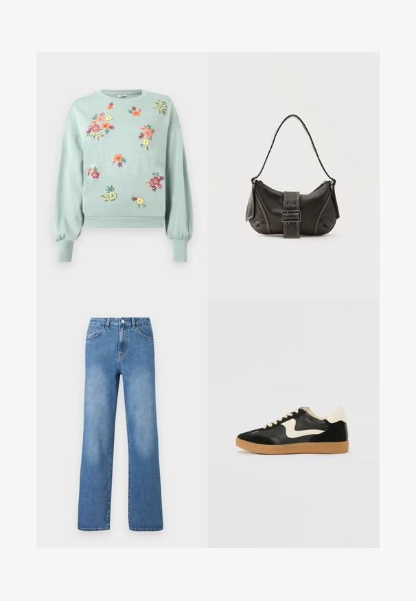 Sweatshirt vert clair avec broderies florales en rose, orange et jaune. Il présente des poignets et un ourlet côtelés, avec une coupe décontractée et des manches ballon.; Jeans en denim bleu clair avec une taille haute, un design à jambes larges, cinq poches et des détails de couture visibles. Texture lisse avec un léger délavage.; Baskets en daim et cuir noir avec un swoosh latéral crème et un talon crème clair. Dotées de lacets beige et d'une semelle en caoutchouc gomme.; Sac à épaule en cuir noir avec une sangle à boucle, des bords arrondis et des coutures blanches contrastées sur un fond uni.