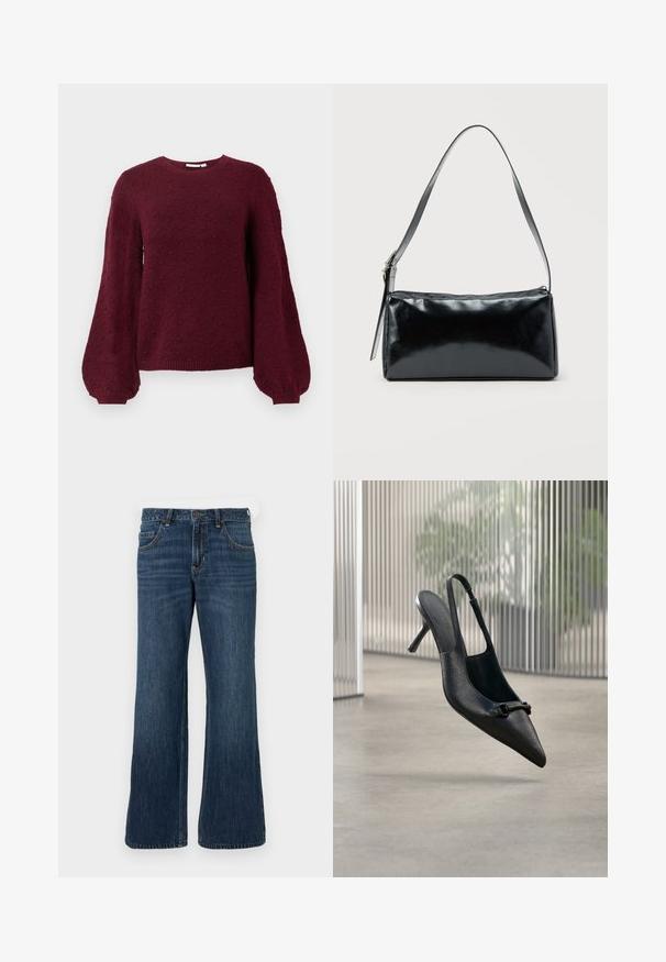 Bordeaux strikket sweater med et tekstureret boble mønster, rund halsudskæring og ballonærmer med ribkant.; Mørkeblå jeans med vide ben og klassisk design med fem lommer, der har knaplukning og diskret falming. Fremstillet af denimstof.; Sort tekstureret læder slingback højhælet sko med spids tå og lille dekorativ spænde, svævende over en glat gulv.; Sort rektangulær skuldertaske med en enkelt justerbar rem og lynlås i toppen på en ensfarvet baggrund.