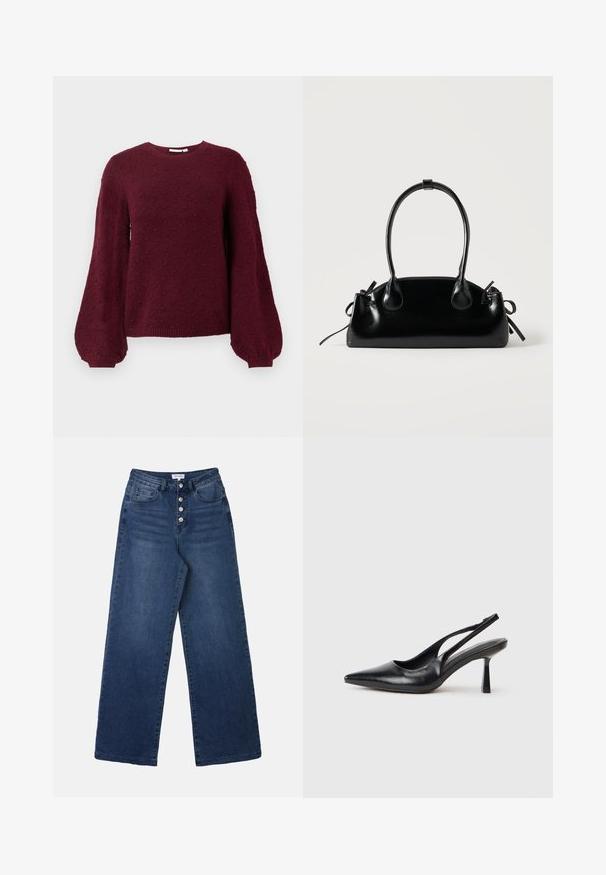 Bordeaux strikket sweater med et tekstureret boble mønster, rund halsudskæring og ballonærmer med ribkant.; Bredde ben blå denim jeans med høj talje, der har fem-knaps lukning, forlommer og en glat, struktureret overflade.; Sort læderslagback højhælet sko med spids tå og slank hæl på en hvid baggrund.; Lille sort blank håndtaske med to lange håndtag og snøre-detaljer i siden på en ensfarvet lys baggrund.