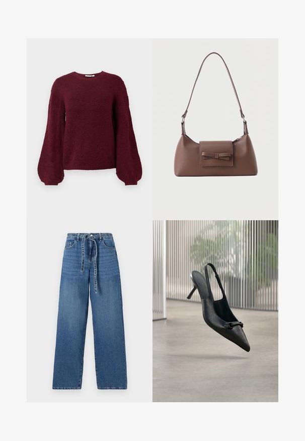 Suéter de punto burdeos con un patrón texturizado de bolitas, cuello redondo y mangas de globo con puños acanalados.; Jeans de denim azul claro de pierna ancha con cintura alta, que presentan un cierre con lazo, dos bolsillos frontales y un patrón ligeramente deslavado.; Zapato de tacón alto slingback de cuero negro texturizado con punta picuda y una pequeña hebilla decorativa, flotando sobre un suelo liso.; Bolso bandolera de cuero marrón con un bolsillo frontal de solapa que presenta un detalle de moño cosido y una correa ajustable.