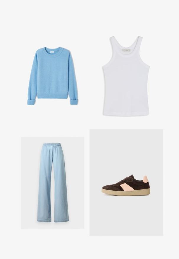 Hellblaue Jacke aus weichem, aufgerautem Stoff. Verfügt über gerippte Bündchen und Saum sowie einen runden Ausschnitt. Lässige Passform mit überschnittenen Schultern.; Weißes Tanktop aus glattem Stoff, mit einem runden Ausschnitt und breiten Schulterträgern, innen mit einem Etikett "IVY OAK".; Hellblaue Hosen mit weitem Bein, elastischem Bund und Vorderhosentaschen, vor einem weißen Hintergrund gezeigt.; Braune Wildleder-Sneaker mit einem hellrosa diagonalen Streifen, Schnürdesign, strukturiertem Obermaterial und einer hellbraunen Gummisohle. Die Rückseite weist ein strukturiertes Akzentdesign auf.