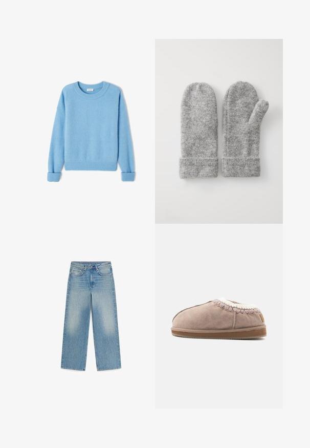 Hellblaue Jacke aus weichem, aufgerautem Stoff. Verfügt über gerippte Bündchen und Saum sowie einen runden Ausschnitt. Lässige Passform mit überschnittenen Schultern.; Hellblaue Jeans aus Denim mit geradem Bein, fünf Taschen, Knopfverschluss und dezenten ausgebleichten Partien an den vorderen Oberschenkeln.; Weiche beigen Wildlederhausschuhe mit dicker brauner Sohle und weißem Strickrand um den Knöchel, seitlich dargestellt.; Graue Wollhandschuhe mit weicher Textur, abgerundeten Oberteilen und einem gerippten Bündchen für einen sicheren Sitz. Verfügt über einen Daumen für verbesserte Geschicklichkeit.