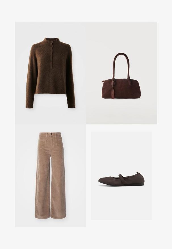 Brun fuzzy striktrøje med lange ærmer, en høj ribbet krave og en knaplukning med seks sorte knapper foran og på manchetterne.; ONLY HOPE GLOBAL EBBA POCKETS - Bukser - fossil; Brun balletsko med elastisk rem og rundet tå, vist mod en hvid baggrund, sideudsigt.; Mørkebrun ruskindshåndtaske med to lange håndtag og en lille fastgjort tag, sat mod en ensfarvet lys baggrund.