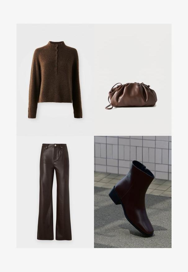 Brun fuzzy striktrøje med lange ærmer, en høj ribbet krave og en knaplukning med seks sorte knapper foran og på manchetterne.; Vero Moda Wide-leg VMTESSA High rise - Bukser - chocolate torte; Brun læderankelstøvle med lav blokhælkappe og sideslynge, placeret opret på en tekstureret udendørs belægning nær en flisebelagt væg.; Blød brun læderpung med samlet top og tynd strop, hvilende på hvid baggrund.