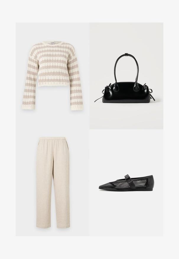 Pull en crochet beige et crème, avec des manches larges, des rayures horizontales et un design court à bords festonnés.; Pantalons en lin beige avec une taille élastique, dotés de poches latérales, de jambes droites et d'une finition en tissu texturé.; Chaussure plate noire avec un bout pointu, panneaux latéraux en maille et une sangle avec une boucle décorative. Fini lisse sur les sections du bout et du talon.; Petit sac à main noir brillant avec deux longues anses et des détails à cordon sur les côtés sur un fond clair uni.