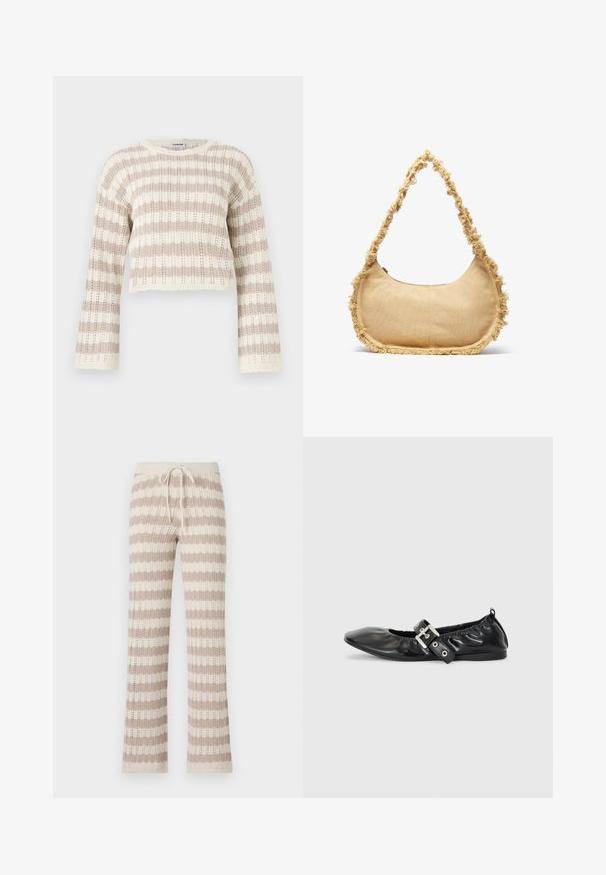 Pull en crochet beige et crème, avec des manches larges, des rayures horizontales et un design court à bords festonnés.; Pantalons d'intérieur tricotés avec des rayures verticales beige et crème, dotés d'une taille à cordon et d'une texture tricotée ouverte.; Chaussure plate en cuir noir avec un nez pointu, des détails froncés autour de l'ouverture et un accent en boucle argentée sur la bride ajustable.; Sac beige texturé de forme arrondie, avec un bord effiloché tout le long des bords et une courte sangle pour le porter. Ouverture zippée en haut.