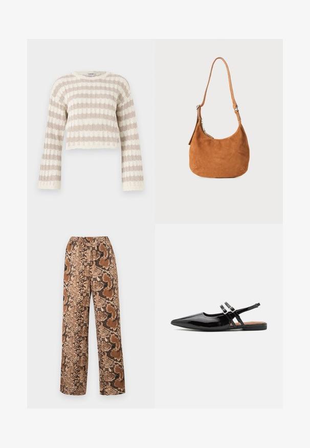 Pull en crochet beige et crème, avec des manches larges, des rayures horizontales et un design court à bords festonnés.; Pantalons large avec un motif en serpent brun et noir, taille élastique et tissu texturé avec une finition lisse.; Des chaussures slingbacks en cuir verni noir présentent un bout pointu, deux sangles avec des accents de boucle, et une semelle plate.; Sac à main en daim beige avec un design incurvé, une bandoulière ajustable, une fermeture éclair en métal et un détail de logo embossé à l'avant.