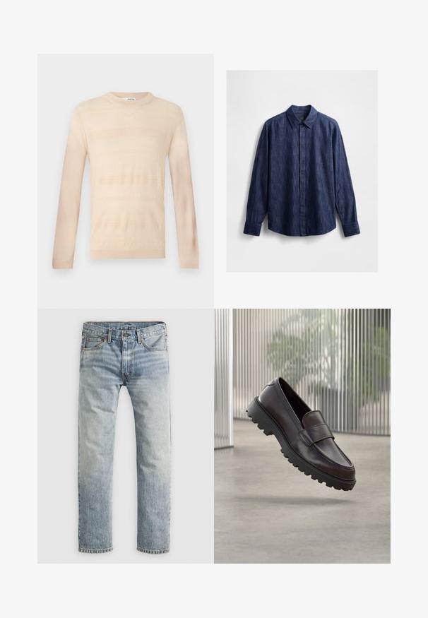 Lys beige strikket sweater med lange ærmer, som har et tekstureret stribet mønster og en rund halsudskæring. Glat stoffinish.; Mørkeblå cowboyskjorte med klassisk krave, lange ærmer, knaplukning foran og stof med en let tekstur. Ingen synlige mønstre.; Lysblå lige ben denimjeans med knaplukning, forlommer og løkker til bælte, vist fladt på hvid baggrund.; Brun lædersko uden snørebånd med rundet tå og solid sort gummisål. Har en dekorativ rem hen over vristen.