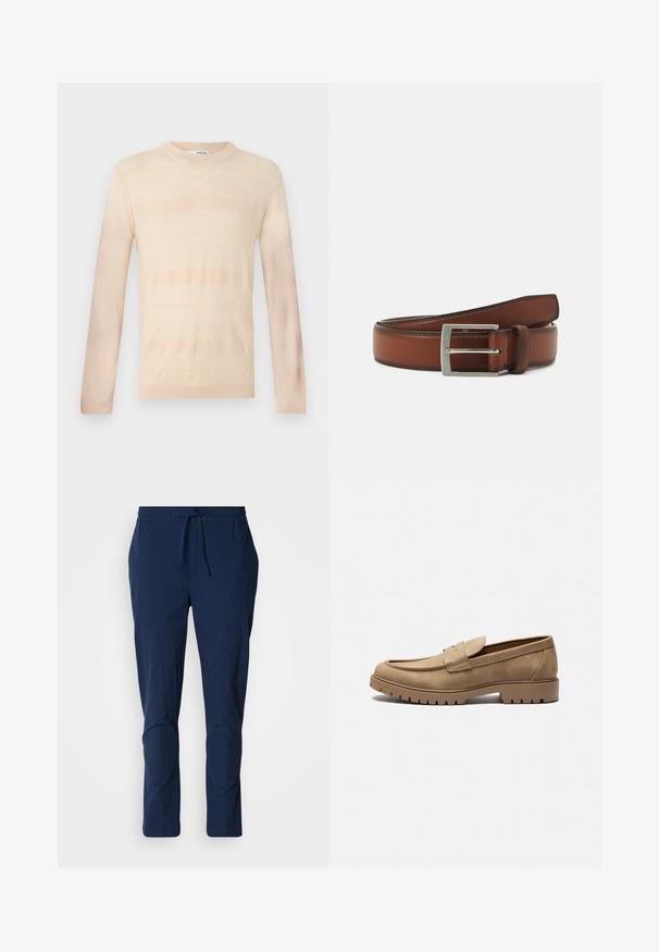 Suéter de punto color beige claro con mangas largas, que presenta un patrón de rayas texturizado y un escote redondo. Acabado de tela suave.; Pantalones azul marino con una tela texturada, cinturilla elástica y cordón. Presenta piernas ajustadas con acentos cosidos en las rodillas.; Mocasines de gamuza color marrón claro con punta redondeada, suela plana de goma y costuras decorativas en la parte superior. Presentan un diseño sin cordones para poner y quitar fácilmente.; Cinturón de cuero marrón con una hebilla rectangular de plata, que presenta costuras sutiles y una textura suave.