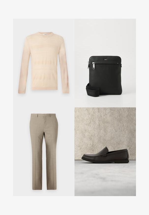 Suéter de punto color beige claro con mangas largas, que presenta un patrón de rayas texturizado y un escote redondo. Acabado de tela suave.; Pantalones beige a medida con una textura suave, diseño de pierna recta, un sutil patrón de cuadro y frente plano. Incluye dos bolsillos traseros.; Mocasines de cuero marrón oscuro con punta redondeada, detalles de costura sutil y suela de goma baja. Textura suave con un ajuste flexible.; Bolso bandolera de cuero negro con diseño plano, superficie texturizada, cierre con cremallera, bolsillo frontal y una correa de tela ajustable.