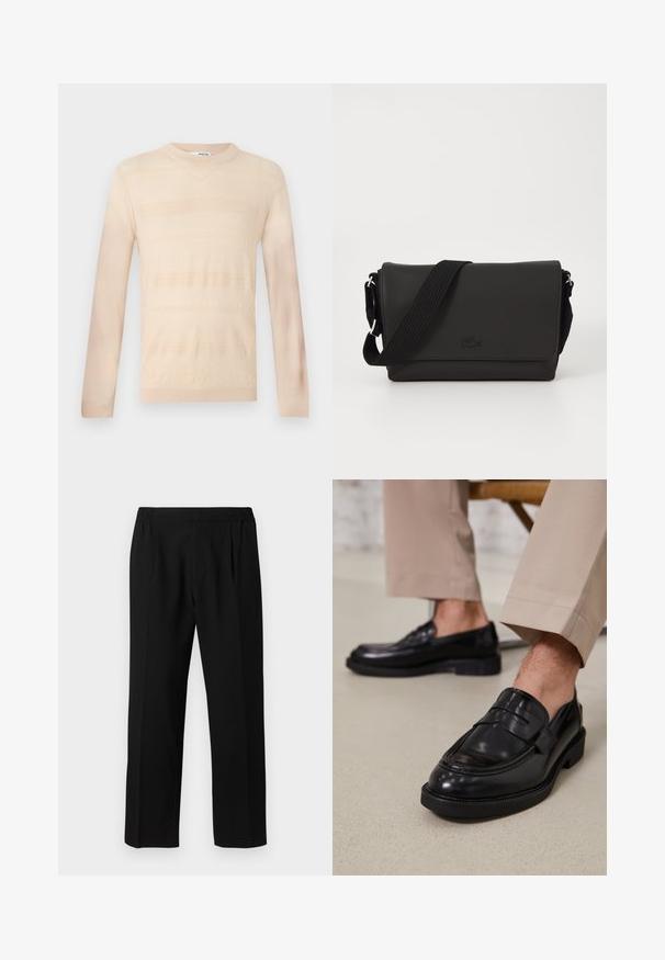 Pull en tricot beige clair avec manches longues, mettant en avant un motif rayé texturé et un col rond. Finition en tissu lisse.; Pantalons noirs en tissu lisse, avec une ceinture élastique, un design à jambes droites et deux plis avant pour plus de détails.; Mocassins en cuir noir avec une finition lisse, ornés d'une sangle décorative et de coutures contrastées, associés à un pantalon beige.; Lacoste MESSENGER BAG MEN CLASSIC - Sac bandoulière - noir