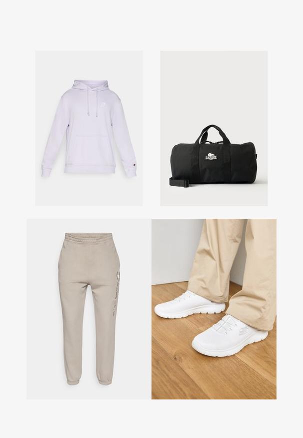 Lyslilla hoodie med kængurulomme, snøre i hætten og et lille hvidt logo på brystet. Lavet af blødt stof med ribbede manchetter.; Beige joggebukser i blødt stof med elastisk talje og ribkanter ved anklerne. Indeholder en lynlåslomme i siden.; Hvide mesh sportsko med en struktureret overdel og elastiske snørebånd. Sålen er polstret med et bølget mønster. Båret med beige bukser på et trægulv.; Sort Lacoste duffeltaske med dobbelte håndtag, skulderrem og hvid logo-mærkat foran, sat mod en ensartet lys baggrund.