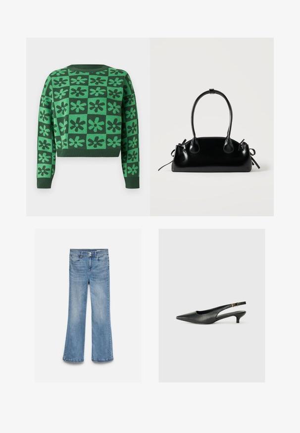 Pull cropped vert avec un motif à carreaux et des motifs de fleurs vert foncé, col rond et poignets et ourlet côtelés.; Jean en denim bleu clair avec une taille haute, une fermeture double bouton, des poches avant et arrière, et des jambes légèrement évasées.; Chaussure slingback noire à bout pointu en cuir lisse. Présente un talon fin et un détail de boucle sur la sangle réglable.; Petit sac à main noir brillant avec deux longues anses et des détails à cordon sur les côtés sur un fond clair uni.