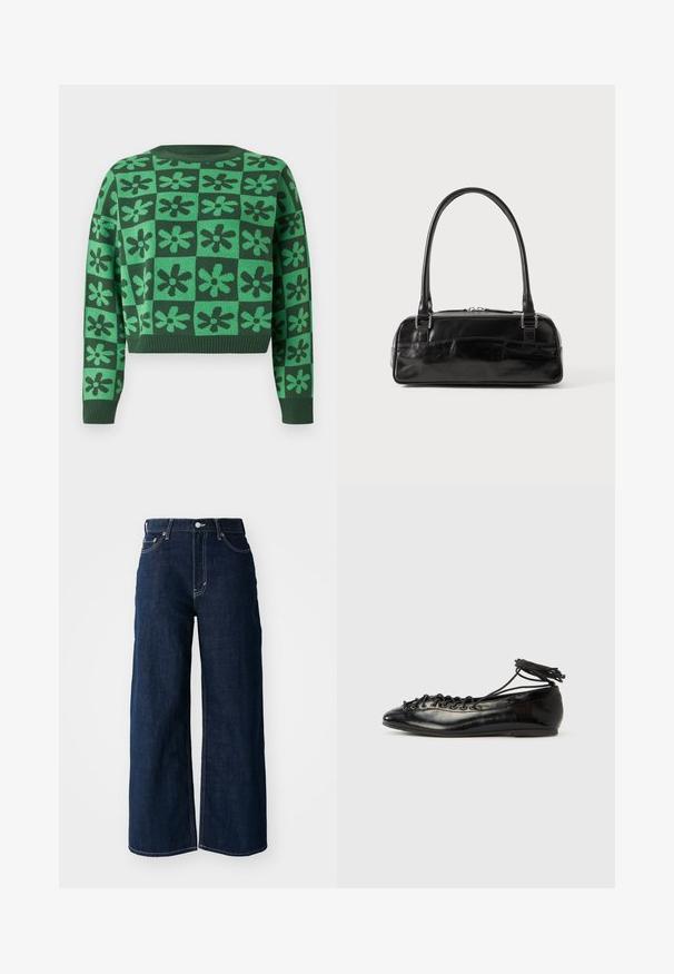 Pull cropped vert avec un motif à carreaux et des motifs de fleurs vert foncé, col rond et poignets et ourlet côtelés.; Jeans en denim bleu foncé à jambes larges avec des coutures contrastées, un design à cinq poches et une fermeture à bouton à la taille.; Ballerines en cuir verni noir avec un bout rond, un design à lacets et une semelle plate. Texture lisse avec peu de détails.; Sac à main en cuir noir de forme rectangulaire, doté d'une seule ansse structurée, de quincaillerie argentée et d'une fermeture éclair. Texture lisse.
