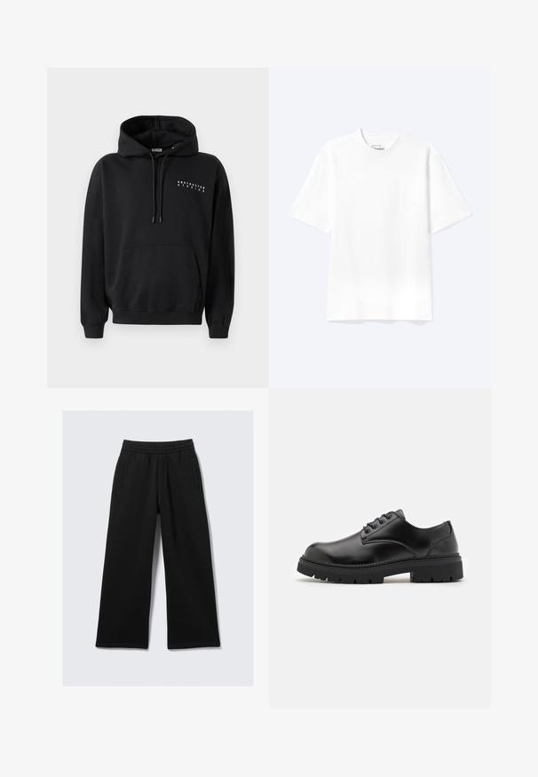 Sweatshirt noir avec une poche kangourou à l'avant, capuche avec cordon de serrage, et "ABSTRACTED STUDIOS" imprimé en blanc sur la poitrine. Design à enfiler.; T-shirt blanc uni à manches courtes et col rond avec une coupe décontractée, présenté sur un fond clair.; Pantalon noir à jambes larges avec une taille élastique, deux poches latérales et une texture lisse. Conçu pour le confort et la liberté de mouvement.; Chaussures en cuir noir avec un bout rond, un laçage et une semelle en caoutchouc épaisse et texturée. Présente des coutures le long du bord et une finition lisse.