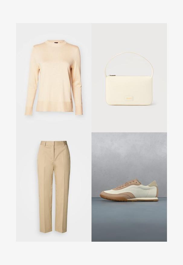 Suéter de manga larga beige claro, hecho de un suave tejido de punto, con un cuello redondo y dobladillos y puños acanalados. Detalle sutil del logo en el costado.; Pantalones beige de pierna recta con trabillas para cinturón, pliegue frontal y cierre oculto, exhibidos sobre un fondo claro.; Zapatilla en crema y beige con parte superior texturizada, cordones y suela de goma, exhibida sobre una superficie de madera con piedras.; Bolso rectangular color crema con una sola correa y cremallera superior, con una pequeña placa de logotipo en relieve en el frente.