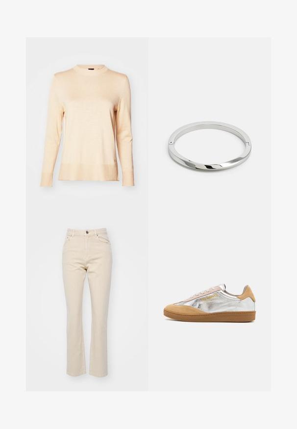 Pull à manches longues beige clair en maille douce, avec un col rond et un ourlet et des poignets côtelés. Détail logo subtil sur le côté.; Jean beige à jambe droite en denim, avec une fermeture à bouton à l'avant, deux poches avant et une texture lisse.; Baskets en suède argent et beige avec une semelle en caoutchouc texturée, des lacets beiges et un logo imprimé en jaune sur le côté.; Bracelet en métal argenté avec une surface lisse et brillante et des bords plats. Présente un design circulaire ouvert avec un détail de fermoir subtil.