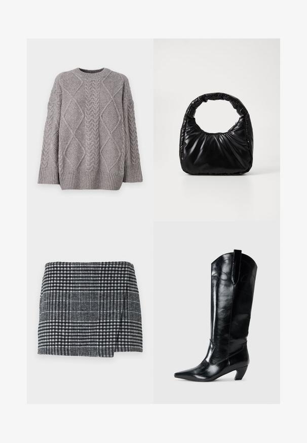 JDY Knitted JDYSILJA Knitted - Strickpullover - december sky melange; Woll-Minirock mit einem schwarz-weißen Pepita-Muster, gerader Schnitt mit einem leichten asymmetrischen Saum und strukturiertem Stoff.; Schwarze kniehohe Stiefel aus Leder mit spitzem Zeh, niedrigem Absatz und dekorativen Nähten an den Seiten. Glatte, glänzende Oberfläche.; Schwarze gepolsterte Handtasche mit einem runden Griff, die eine glatte, glänzende Oberfläche und eine weiche, gestepfte Textur aufweist. Keine sichtbare Hardware oder Akzente.