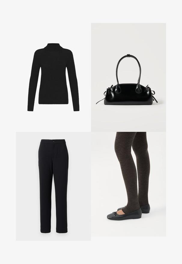 Suéter negro de manga larga con cuello alto, puños y dobladillo acanalados, exhibido sobre un fondo blanco.; Pantalones negros con un diseño de pierna recta, hechos de una tela suave. Cuentan con un cierre de botón en la parte delantera y bolsillos laterales.; Piernas con leggings oscuros acanalados combinados con bailarinas negras que presentan pequeños detalles de lazo sobre un fondo blanco.; Pequeño bolso negro brillante con dos asas largas y detalles de cordón lateral sobre un fondo claro liso.