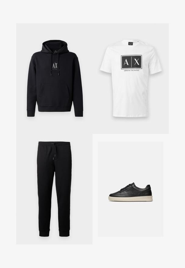 Sort hættetrøje lavet af blød bomuldsblanding, med en lomme foran, snoretræk i hætten og et lille logo på brystet. Enkelt, afslappet design.; Hvid T-shirt med korte ærmer og sort rektangulært Armani Exchange-logo med teksten "A | X" centreret på brystet.; Sorte joggingbukser lavet af blødt stof med elastisk livvidde og snøre. Har tapered ben med ribbede manchetter.; Sort lavtop lædersneaker med sorte snørebånd og en tyk off-white gummisål, vist på en hvid baggrund.