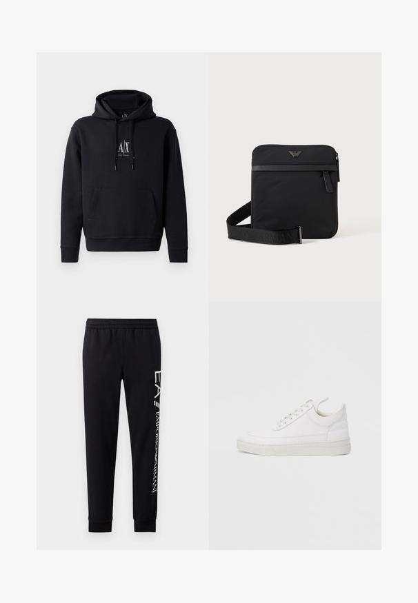 Zwarte hoodie van een zachte katoenmix, beschikt over een voorzak, trekkoordcapuchon en een klein logo op de borst. Eenvoudig, casual ontwerp.; Zwarte sweatpants van een katoenmix, met een elastische tailleband, taps toelopende benen, ribgebreide boorden en een wit logo-opdruk langs de zijkant.; Witte leren sneaker met een afgeronde neus, platte zool en veters aan de voorkant. Voorzien van stikseldetails en een gevoerde kraag voor comfort.; Zwarte vierkante schoudertas met ritssluiting, voorvak en verstelbare band met geperste merknaam.