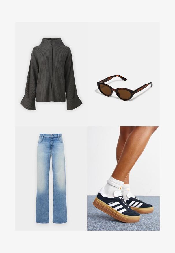 VILA VIVIGGA CONTRAST - Trui - dark grey/black; Lichtblauwe hoge taille wijde jeans met een vervaagd uiterlijk. Beschikt over vijf zakken en een knoopsluiting aan de tailleband.; Ben met witte sokken en zwarte Adidas Gazelle sneakers met witte strepen en dikke bruine zolen op een grijs tapijt.; Bruine schildpad zonnebril met een vintage cat-eye vorm en bruine lenzen. Heeft gebogen armen met rode accenten.