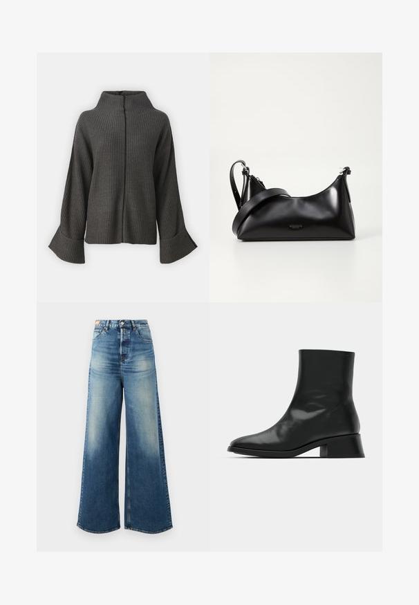 VILA VIVIGGA CONTRAST - Trui - dark grey/black; Wijde blauwe denim jeans met een vervaagde afwerking, hoge taille en klassiek vijf-pocket ontwerp. Voorzien van koperen hardware en rafelige zomen.; Zwarte enkelboot van glanzend leer, met een slank ontwerp, spitse neus en een gematigde blokhak voor stabiliteit.; Zwarte leren handtas met een gladde textuur. Beschikt over een verstelbare schouderband en een strak, minimalistisch ontwerp met een ritssluiting.