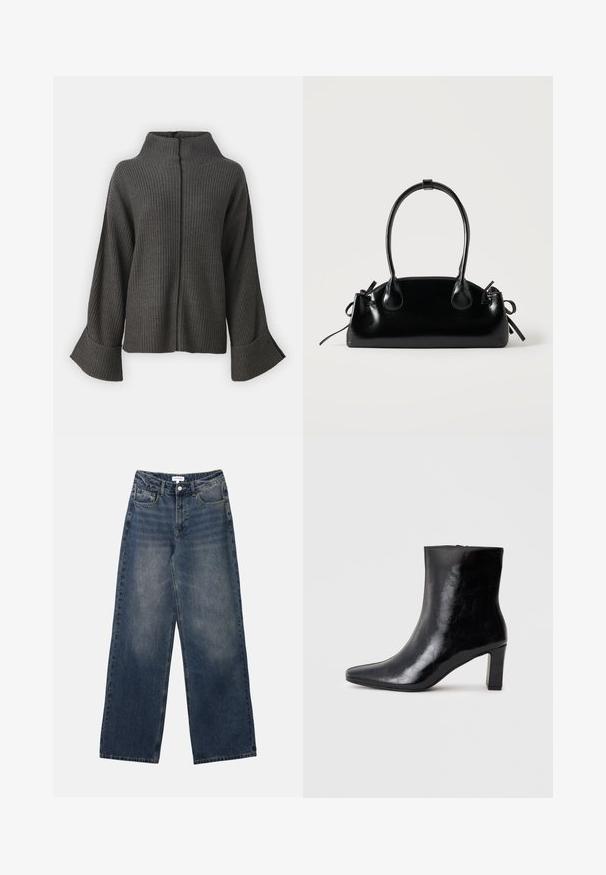 VILA VIVIGGA CONTRAST - Trui - dark grey/black; Heren hoge taille blauwe spijkerbroek met wijde pijpen, vooraan knoop en rits, en voor- en achterzakken.; Zwarte enkellaars gemaakt van glanzend leer, met een puntige neus en een gemiddelde blokhak, voorzien van een gladde textuur en een eenvoudig ontwerp.; Kleine zwarte glanzende handtas met twee lange hengsels en zijkant trekkoord details op een effen lichte achtergrond.