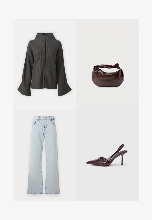 VILA VIVIGGA CONTRAST - Trui - dark grey/black; Lichtblauwe wijde jeans van denim, met een hoge taille, riemlussen, vijf zakken en vervaagde gebieden voor een vintage uitstraling.; Bordeauxrode lakleren slingback met puntige neus, dunne enkelband en kleine decoratieve gespsluiting. Gladde textuur en hoge hak.; Donkerbruine leren schoudertas met een zachte, slungelige vorm en een gedraaide knoopvormige handgreep op een effen witte achtergrond.