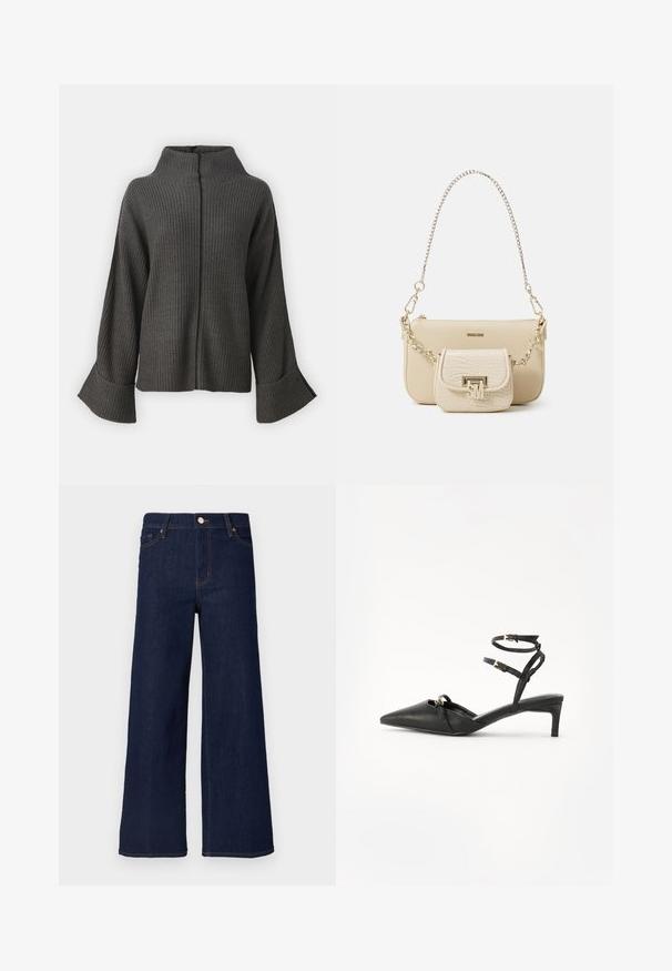 VILA VIVIGGA CONTRAST - Striktrøje - dark grey/black; Mørk denim vidde-bukser med høj talje, forlommer og synlige syningsdetaljer, med en klassisk knaplukning.; Sorte læderslingbacksandaler med spidse tæer, tynde ankelremme, guldfarvede hardwaredetaljer og en slank hæl. Glat tekstur og minimalistisk design.; Beige læder håndtaske med en tekstureret finish, med en kædestrop og en mindre frontlomme accentueret med et guld logo.
