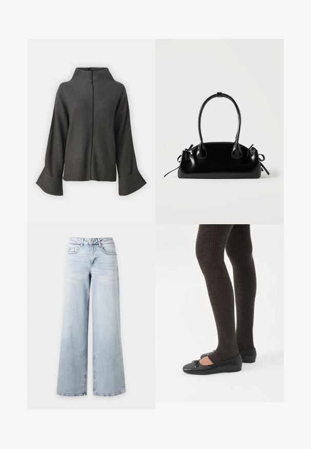 VILA VIVIGGA CONTRAST - Pullover - dark grey/black; Jean bleu clair taille haute à jambes larges avec fermeture par bouton et zip, poches avant et arrière, présenté sur fond blanc uni.; Jambes portant des leggings côtelés foncés associés à des ballerines noires avec de petits détails en nœud sur fond blanc.; Petit sac à main noir brillant avec deux longues anses et des détails à cordon sur les côtés sur un fond clair uni.