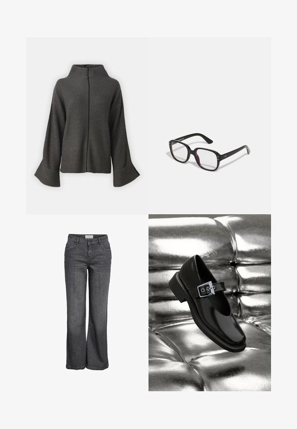 VILA VIVIGGA CONTRAST - Trui - dark grey/black; Wijd-uitlopende jeans in donkergrijze denim. Heeft een hoge taille, een traditionele vijf-pocket ontwerp en een nette zoom zonder versieringen.; Zwarte leren Mary Jane-schoenen met een vierkante neus, een zilveren gesp accent en een chunky lage hak, tegen een glanzende zilveren achtergrond.; Zwarte rechthoekige bril met heldere lenzen, voorzien van afgeronde randen en zijaccenten, met een glanzende afwerking van het montuur en de pootjes.