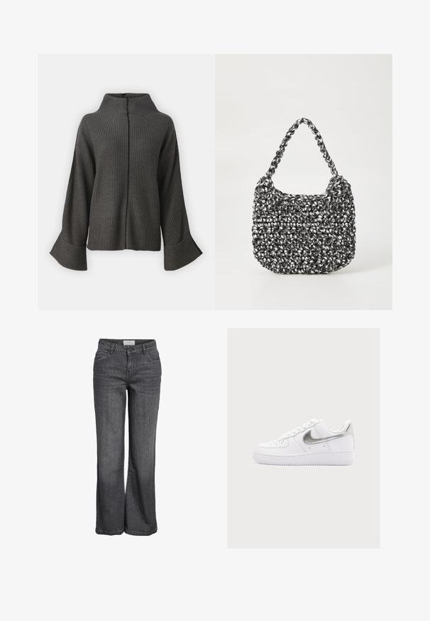 VILA VIVIGGA CONTRAST - Džemper - dark grey/black; Laiad teksad tumehallist denimist. Omavad kõrget vööd, traditsioonilist viie tasku disaini ja puhtaid servi ilma dekoratsioonideta.; Valge madala säärega tennisejalats, millel on hõbedane Nike logo ja perforatsioonidega varvas, kuvatud lihtsal heledal hallil taustal.; Mustri kott musta ja valgega, ümar kuju, tekstureeritud pind ja punutud käepide. Sobib igapäevaseks kasutamiseks.