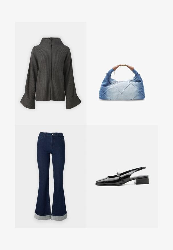 VILA VIVIGGA CONTRAST - Striktrøje - dark grey/black; Mørkeblå flare jeans med høj talje, med en lyseblå foldet kant og fire lommer. Fremstillet af denim med en glat tekstur.; Sort laklæderslingback-sko med lav blokhæl og tynd rem med sølvspænde over toppen.; Denim håndtaske med lynlås, prydet med en quiltet design i forskellige nuancer af blå og brune læderdetaljer på håndtaget.